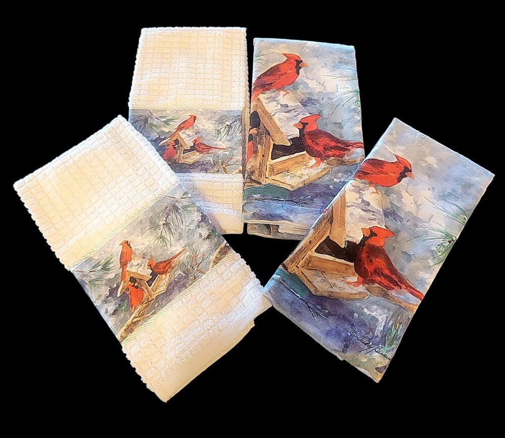 RARE Lot 4 Judy Buswell Print Red Cardinal Bird Waffle Weave Kitchen Hand Towels